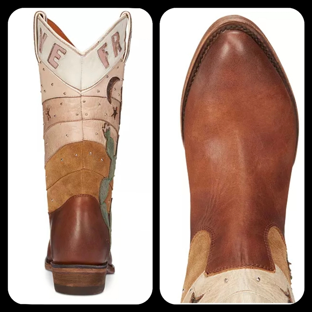 NWOB Frye Brown & Tan Western Cactus Embroidered Heeled Boots - Picture 2 of 12